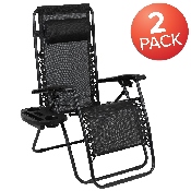 Adjustable Folding Mesh Zero Gravity Reclining Lounge Chair with Pillow and Cup Holder Tray in Black, Set of 2, 2-GM-103122SS-BK-GG