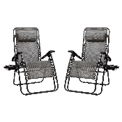 Adjustable Folding Mesh Zero Gravity Reclining Lounge Chair with Pillow and Cup Holder Tray in Gray, Set of 2, 2-GM-103122SS-GR-GG