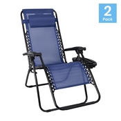 Celestial Adjustable Folding Mesh Zero Gravity Reclining Lounge Chair with Pillow and Cup Holder Tray in Navy, 2-GM-103122SS-NV-GG