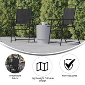Set of 2 Mystic Folding Patio Sling Chairs, Outdoor Textilene Lawn Chairs with Armrests in Black, 2-GM-SC098-BK-GG
