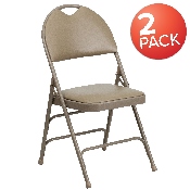 2 Pk. HERCULES Series Ultra-Premium Triple Braced Beige Vinyl Metal Folding Chair with Easy-Carry Handle, 2-HA-MC705AV-3-BGE-GG
