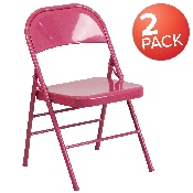 2 Pk. HERCULES COLORBURST Series Shockingly Fuchsia Triple Braced & Double Hinged Metal Folding Chair, 2-HF3-FUCHSIA-GG