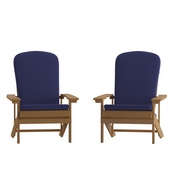 Charlestown Set of 2 All-Weather Poly Resin Wood Adirondack Chairs in Teak with Blue Cushions for Deck, Porch, and Patio, 2-JJ-C14501-CSNBL-TEAK-GG