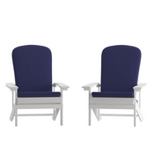 Charlestown Set of 2 All-Weather Poly Resin Wood Adirondack Chairs in White with Blue Cushions for Deck, Porch, and Patio, 2-JJ-C14501-CSNBL-WH-GG