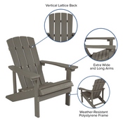 Charlestown Set of 2 All-Weather Poly Resin Wood Adirondack Chairs in Gray with Gray Cushions for Deck, Porch, and Patio, 2-JJ-C14501-CSNGY-LTG-GG