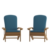 Charlestown Set of 2 All-Weather Poly Resin Wood Adirondack Chairs in Teak with Teal Cushions for Deck, Porch, and Patio, 2-JJ-C14501-CSNTL-TEAK-GG