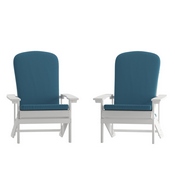 Charlestown Set of 2 All-Weather Poly Resin Wood Adirondack Chairs in White with Teal Cushions for Deck, Porch, and Patio, 2-JJ-C14501-CSNTL-WH-GG
