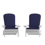 Charlestown Set of 2 All-Weather Poly Resin Indoor/Outdoor Folding Adirondack Chairs in White with Blue Cushions for Deck, Porch, and Patio, 2-JJ-C14505-CSNBL-WH-GG