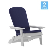 Charlestown Set of 2 All-Weather Poly Resin Indoor/Outdoor Folding Adirondack Chairs in White with Blue Cushions for Deck, Porch, and Patio, 2-JJ-C14505-CSNBL-WH-GG