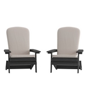 Charlestown Set of 2 All-Weather Poly Resin Indoor/Outdoor Folding Adirondack Chairs in Black with Cream Cushions for Deck, Porch, and Patio, 2-JJ-C14505-CSNCR-BLK-GG