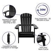 Charlestown Set of 2 All-Weather Poly Resin Indoor/Outdoor Folding Adirondack Chairs in Black with Gray Cushions for Deck, Porch, and Patio, 2-JJ-C14505-CSNGY-BLK-GG