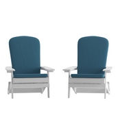 Charlestown Set of 2 All-Weather Poly Resin Indoor/Outdoor Folding Adirondack Chairs in White with Teal Cushions for Deck, Porch, and Patio, 2-JJ-C14505-CSNTL-WH-GG