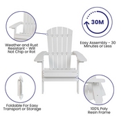Charlestown Set of 2 All-Weather Poly Resin Indoor/Outdoor Folding Adirondack Chairs in White with Teal Cushions for Deck, Porch, and Patio, 2-JJ-C14505-CSNTL-WH-GG