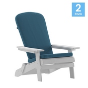 Charlestown Set of 2 All-Weather Poly Resin Indoor/Outdoor Folding Adirondack Chairs in White with Teal Cushions for Deck, Porch, and Patio, 2-JJ-C14505-CSNTL-WH-GG