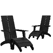 Set of 2 Sawyer Modern All-Weather Poly Resin Wood Adirondack Chairs with Foot Restsin Black, 2-JJ-C14509-14309-BK-GG