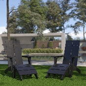 Set of 2 Sawyer Modern All-Weather Poly Resin Wood Adirondack Chairs with Foot Restsin Black, 2-JJ-C14509-14309-BK-GG