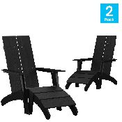 Set of 2 Sawyer Modern All-Weather Poly Resin Wood Adirondack Chairs with Foot Restsin Black, 2-JJ-C14509-14309-BK-GG