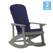 Savannah Set of 2 All-Weather Poly Resin Wood Adirondack Rocking Chairs in Gray with Blue Cushions for Deck, Porch, and Patio, 2-JJ-C14705-CSNBL-GY-GG