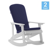 Savannah Set of 2 All-Weather Poly Resin Wood Adirondack Rocking Chairs in White with Blue Cushions for Deck, Porch, and Patio, 2-JJ-C14705-CSNBL-WH-GG