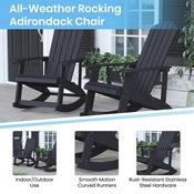 Savannah Set of 2 All-Weather Poly Resin Wood Adirondack Rocking Chairs in Black with Cream Cushions for Deck, Porch, and Patio, 2-JJ-C14705-CSNCR-BK-GG