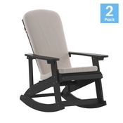 Savannah Set of 2 All-Weather Poly Resin Wood Adirondack Rocking Chairs in Black with Cream Cushions for Deck, Porch, and Patio, 2-JJ-C14705-CSNCR-BK-GG