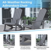 Savannah Set of 2 All-Weather Poly Resin Wood Adirondack Rocking Chairs in Gray with Teal Cushions for Deck, Porch, and Patio, 2-JJ-C14705-CSNTL-GY-GG