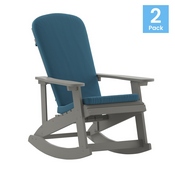 Savannah Set of 2 All-Weather Poly Resin Wood Adirondack Rocking Chairs in Gray with Teal Cushions for Deck, Porch, and Patio, 2-JJ-C14705-CSNTL-GY-GG