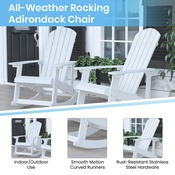 Savannah Set of 2 All-Weather Poly Resin Wood Adirondack Rocking Chairs in White with Teal Cushions for Deck, Porch, and Patio, 2-JJ-C14705-CSNTL-WH-GG