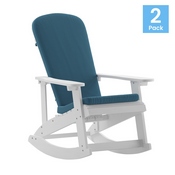 Savannah Set of 2 All-Weather Poly Resin Wood Adirondack Rocking Chairs in White with Teal Cushions for Deck, Porch, and Patio, 2-JJ-C14705-CSNTL-WH-GG