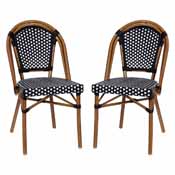 Bordeaux Set of 2 Indoor/Outdoor Commercial French Bistro Stacking Chairs, Black/White PE Rattan Back and Seat, Bamboo Print Aluminum Frame in Natural, 2-SDA-AD642001-BKWH-NAT-GG