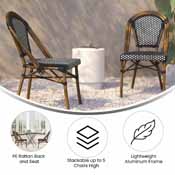 Bordeaux Set of 2 Indoor/Outdoor Commercial French Bistro Stacking Chairs, Black/White PE Rattan Back and Seat, Bamboo Print Aluminum Frame in Natural, 2-SDA-AD642001-BKWH-NAT-GG