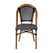 Bordeaux Set of 2 Indoor/Outdoor Commercial French Bistro Stacking Chairs, Black/White PE Rattan Back and Seat, Bamboo Print Aluminum Frame in Natural, 2-SDA-AD642001-BKWH-NAT-GG