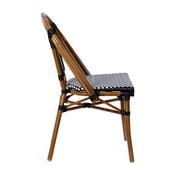Bordeaux Set of 2 Indoor/Outdoor Commercial French Bistro Stacking Chairs, Black/White PE Rattan Back and Seat, Bamboo Print Aluminum Frame in Natural, 2-SDA-AD642001-BKWH-NAT-GG