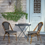Bordeaux Set of 2 Indoor/Outdoor Commercial French Bistro Stacking Chairs, Black/White PE Rattan Back and Seat, Bamboo Print Aluminum Frame in Natural, 2-SDA-AD642001-BKWH-NAT-GG