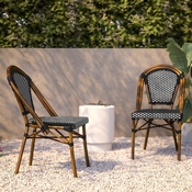 Bordeaux Set of 2 Indoor/Outdoor Commercial French Bistro Stacking Chairs, Black/White PE Rattan Back and Seat, Bamboo Print Aluminum Frame in Natural, 2-SDA-AD642001-BKWH-NAT-GG