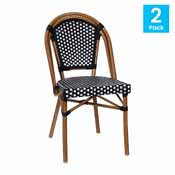 Bordeaux Set of 2 Indoor/Outdoor Commercial French Bistro Stacking Chairs, Black/White PE Rattan Back and Seat, Bamboo Print Aluminum Frame in Natural, 2-SDA-AD642001-BKWH-NAT-GG