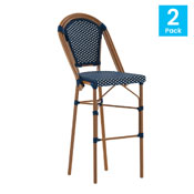 Bordeaux Set of 2 Stackable Indoor/Outdoor French Bistro 30" High Barstools, Commercial Grade, Navy/White and Bamboo Finish, 2-SDA-AD642001-BS-NVYWH-NAT-GG