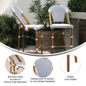 Lourdes Set of 2 Stackable Indoor/Outdoor French Bistro 30" High Barstools, Commercial Grade, White/Navy and Bamboo Finish, 2-SDA-AD642001-F-BS-WHNVY-NAT-GG