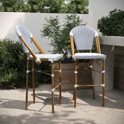 Lourdes Set of 2 Stackable Indoor/Outdoor French Bistro 30" High Barstools, Commercial Grade, White/Navy and Bamboo Finish, 2-SDA-AD642001-F-BS-WHNVY-NAT-GG
