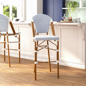 Lourdes Set of 2 Stackable Indoor/Outdoor French Bistro 30" High Barstools, Commercial Grade, White/Navy and Bamboo Finish, 2-SDA-AD642001-F-BS-WHNVY-NAT-GG