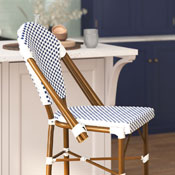 Lourdes Set of 2 Stackable Indoor/Outdoor French Bistro 30" High Barstools, Commercial Grade, White/Navy and Bamboo Finish, 2-SDA-AD642001-F-BS-WHNVY-NAT-GG