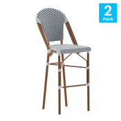 Lourdes Set of 2 Stackable Indoor/Outdoor French Bistro 30" High Barstools, Commercial Grade, White/Navy and Bamboo Finish, 2-SDA-AD642001-F-BS-WHNVY-NAT-GG