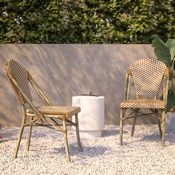 Lourdes Set of 2 Indoor/Outdoor Commercial French Bistro Stack Chairs, Natural/White PE Rattan Back & Seat, Bamboo Print Light Natural Aluminum Frame, 2-SDA-AD642001-F-NATWH-LTNAT-GG
