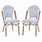 Lourdes Set of 2 Indoor/Outdoor Commercial French Bistro Stacking Chair, White/Gray PE Rattan Back and Seat, Bamboo Print Aluminum Frame in Natural, 2-SDA-AD642001-F-WHGY-NAT-GG