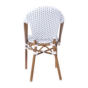 Lourdes Set of 2 Indoor/Outdoor Commercial French Bistro Stacking Chair, White/Gray PE Rattan Back and Seat, Bamboo Print Aluminum Frame in Natural, 2-SDA-AD642001-F-WHGY-NAT-GG