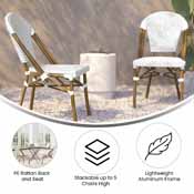 Lourdes Set of 2 Indoor/Outdoor Commercial French Bistro Stacking Chair, White/Gray PE Rattan Back and Seat, Bamboo Print Aluminum Frame in Natural, 2-SDA-AD642001-F-WHGY-NAT-GG
