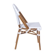 Lourdes Set of 2 Indoor/Outdoor Commercial French Bistro Stacking Chair, White/Gray PE Rattan Back and Seat, Bamboo Print Aluminum Frame in Natural, 2-SDA-AD642001-F-WHGY-NAT-GG
