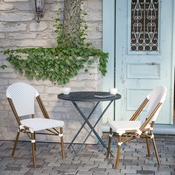 Lourdes Set of 2 Indoor/Outdoor Commercial French Bistro Stacking Chair, White/Gray PE Rattan Back and Seat, Bamboo Print Aluminum Frame in Natural, 2-SDA-AD642001-F-WHGY-NAT-GG