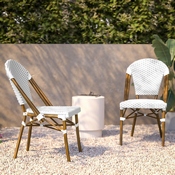Lourdes Set of 2 Indoor/Outdoor Commercial French Bistro Stacking Chair, White/Gray PE Rattan Back and Seat, Bamboo Print Aluminum Frame in Natural, 2-SDA-AD642001-F-WHGY-NAT-GG
