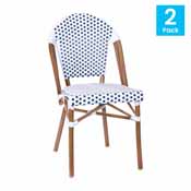 Lourdes Set of 2 Indoor/Outdoor Commercial French Bistro Stacking Chair, White/Gray PE Rattan Back and Seat, Bamboo Print Aluminum Frame in Natural, 2-SDA-AD642001-F-WHGY-NAT-GG